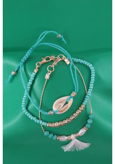 3lü Deniz Kabuklu İncili Püsküllü Asansörlü Lastikli Turkuaz İp Bileklik. Kadın İp Bileklik Halhal Çok Renkli