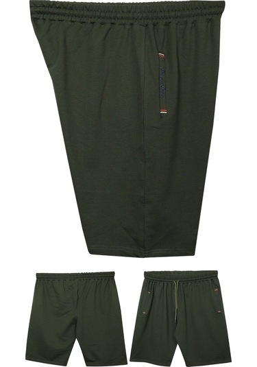 Büyük Beden 110 - 155 Kilo Arası İçin Uygun Bedenli Cepleri Nakış Detaylı Likralı Penye Erkek Şortu Haki