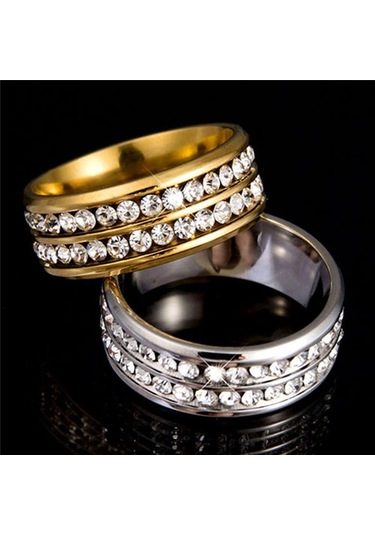 Altın Bayan Erkek Moda Çift Sıralı Rhinestones Titanyum Çelik Düğün Takı Yüzük 8 Altın