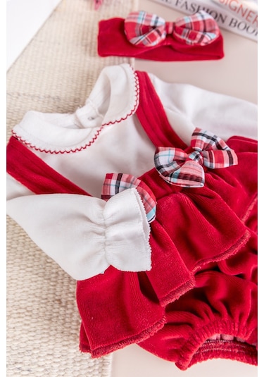 Fiyonklu Bandanalı Kadife Kız Bebek Tulum Salopet Bebek Elbise Kırmızı