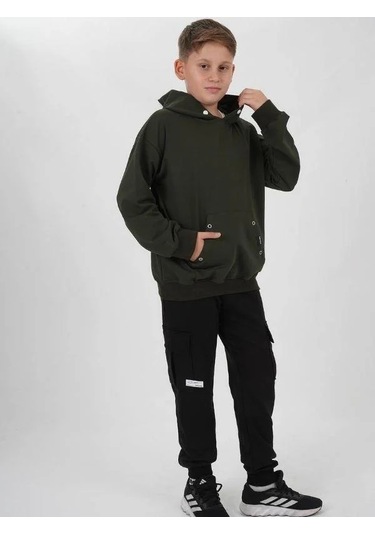 Çocuk Çıtçıt Detaylı Kapüşonlu Pamuklu Sweatshirt-14837 Haki