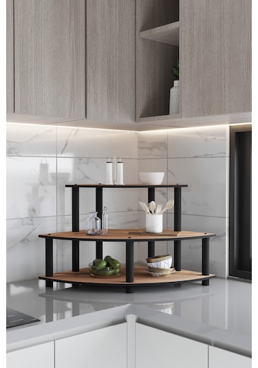 Dekoratif Oval Köşe 3 Katlı Tezgah Üstü Raf 50 Cm X 50 Cm Madran Ceviz Ceviz