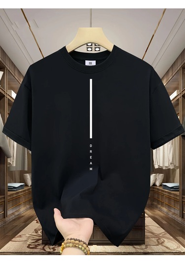 Guılan Erkek Yazlık %100 Pamuk Rahat Spor Tişört - Rüya Mektup Baskılı Kısa Kollublack Black