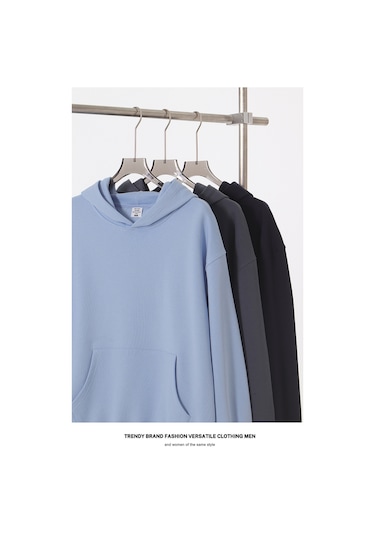 Edwardest 2025 Sonbahar Ve Kış Ağır 420g Düz Renk Havlu Kumaş Kapüşonlu Sweatshirt Açık Mavi