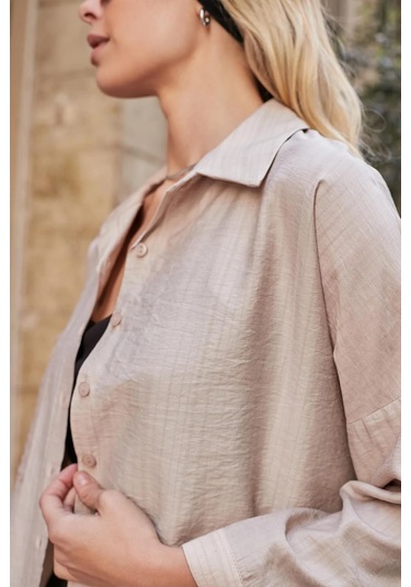Kadın Likrasız Keten Kumaş Yakalı Cepli Düşük Omuzlu Salaş Oversize Tunik Gömlek-bej Bej