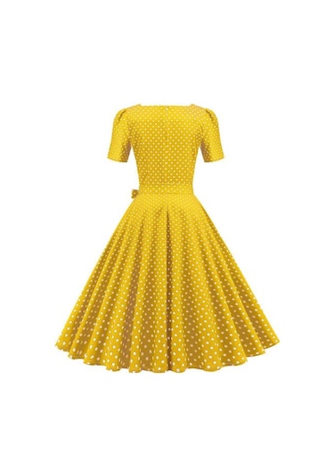 Vintage Puantiyeli Elbise Klasik Film Tarzı Tasarım Kare Zarif Zamansız Retro Yaka Kadın Elbise Sarı