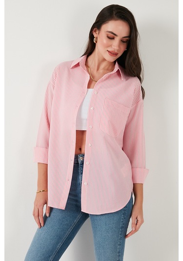 Lela Regular Fit Uzun Kollu Cepli Çizgili Bayan Gömlek 6772895 Şeker Pembe
