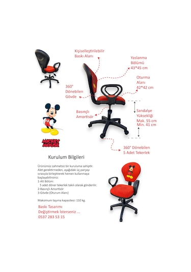 Mickey Mouse Baskılı Turuncu Çocuk Çalışma Sandalyesi Döner Koltuk, Yükseklik Ayarlı Koltuk Turuncu