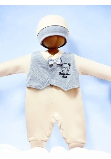 Erkek Bebek Ayıcıklı Papyon Detaylı Tulum-15299 Bej