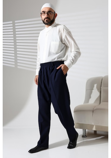 Erkek Beli Lastikli Cepli Hac Ve Umre Kışlık Yün Efektli Şalvar Pantolon - Lacivert İsr Lacivert