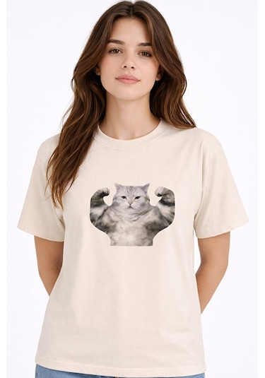 Nevermind Kadın Tişört Baskılı Kedi Desenli Basic Günlük Rahat Pamuk Bej M