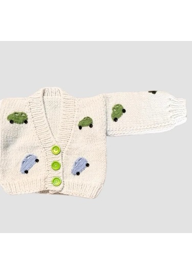 Uretti - Gülnur 2184 - 0374 El Örgüsü Araba Motifli Erkek Çocuk Hırka 3 Yaş - Beyaz Beyaz