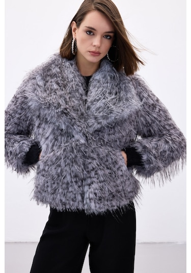 Sateen Leopar Desenli Kürk - Gri-136711 Gri