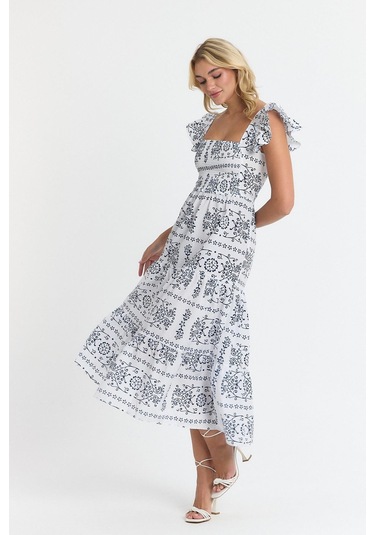 Apsen Kadın Beli Gipeli Kolu Fırfır Detaylı Midi Dokuma Elbise 4510-105 Beyaz