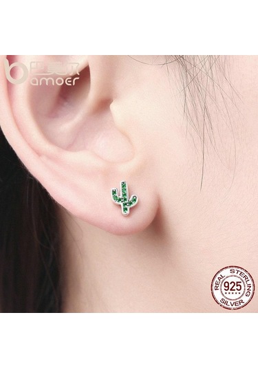 Bamoer 925 Ayar Gümüş Göz Kamaştırıcı Yeşil Kaktüs Kristal Saplama Küpe Kadınlar İçin
