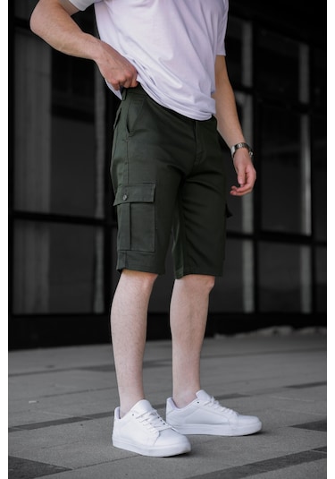 Haki Renk Kargo Cepli Gabardin Erkek Şort-1801 Haki