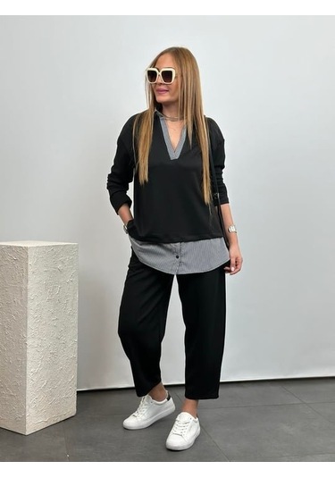 Sensuelle Polo Yaka Gömlek Detay Salaş Balon Pantolunlu Ikılı Takım Siyah
