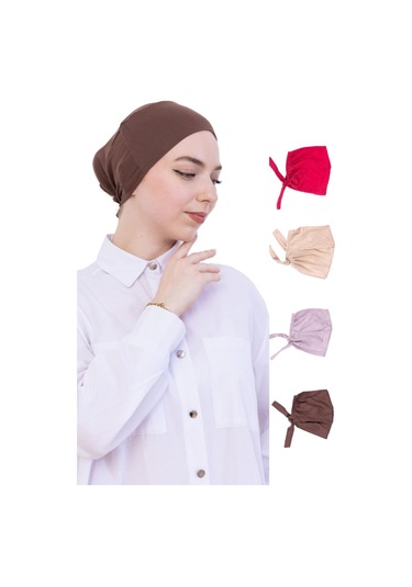 Kadın Tesettür Bone Bağcıklı Dikişsiz Penye 4 Parça Set Bordo, Kahverengi, Koyu Vizon, Açık Vizon