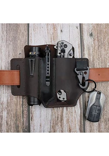 Geeksen Kemer İçin Çok Amaçlı Alet Kılıfı, Erkekler İçin Deri Edc Cep Düzenleyici, Kalemlikli Leatherman Kılıfı, Anahtarlık, El Feneri Kılıfı, Edc Deri Kese Kahverengi
