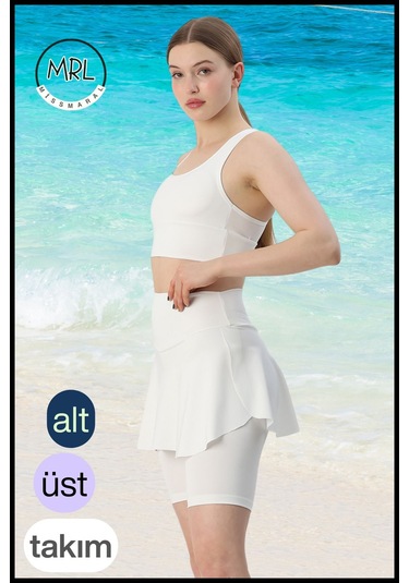 Kadın Mayo Takım Yüksek Bel Biker Etekli Şort Ve Pedli Crop Likralı Çabuk Kuruyan Kumaş Plaj Giyim Ekru