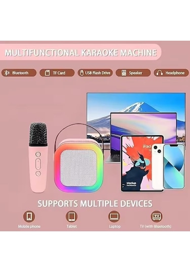 Bukrem K12 Led Karaoke Hoparlör 5w, Rgb Işık, Bluetooth + 5 Efektli Mikrofonlu Set