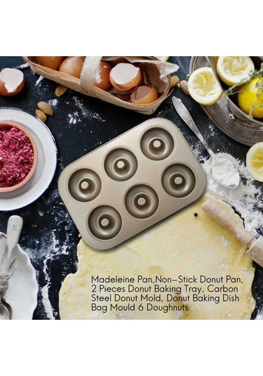 Xurunkeji Madeleine Pan, Yapışmaz Donut Tepsisi, 2 Parça Donut Pişirme Tepsisi, Karbon Çelik Donut Kalıbı, 6 Donutluk Donut Pişirme Kabı Poşeti Kalıbı Altın
