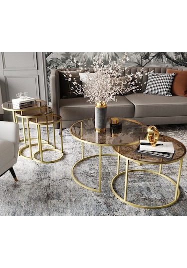 Dekoport Milas Gold Orta Ve Zigon Sehpa Seti - Bronz Cam Gold Bronz