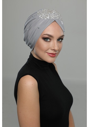 Kopma Astarlı İşlemeli Açık Gri Gül Motifli Hazır Türban Tesettür Abiye Bone Açık Gri