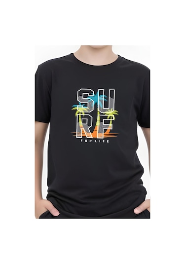 Surf Baskılı Erkek Çocuk Kısa Kollu Tişört Siyah