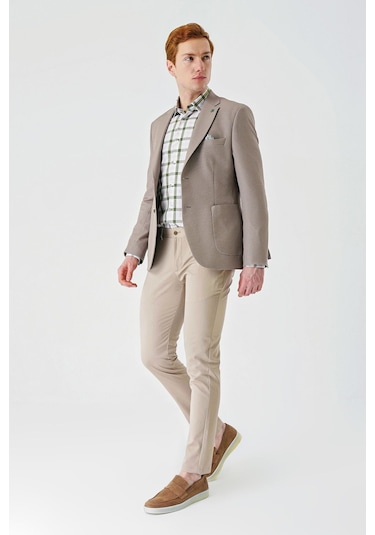 Örme Mono Yaka Çift Yırtmaç Likralı 6 Drop Slim Fit Dar Kesim Klasik Ceket 1002240138 - Bej