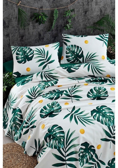 Doğal Pike Baskılı King 230x240cm Monstera Yeşil Yeşil