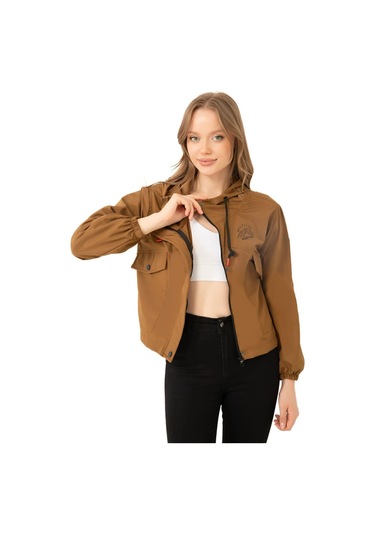 Spor Kadın Pudra Su Geçirmez Ve Rüzgara Dayanıklı Kapüşonlu Çıt Çıtlı Mevsimlik Yağmurluk Taba