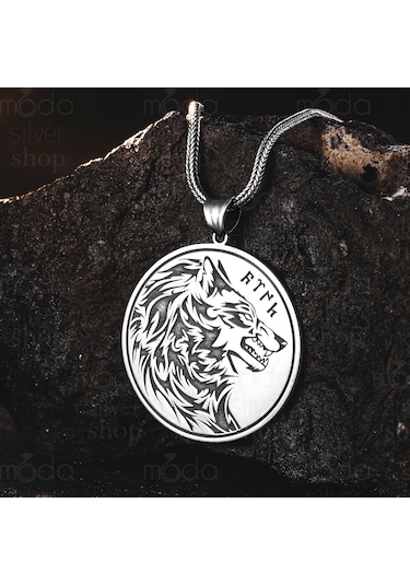 925 Ayar Gümüş Göktürk Türk Yazılı Bozkurt Tasarım Yuvarlak Erkek Kolye Gümüş