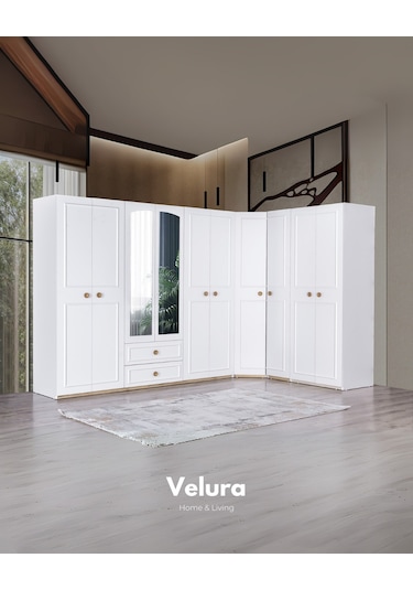 Legna 10 Kapaklı Aynalı Köşe Gardırop Dolap Beyaz - Ceviz