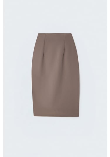 Sateen Düz Kalem Etek - Vizon-137389