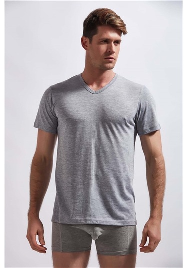 Josejuan 2'li Erkek Atlet V Yaka Yarım Kollu Koton Likralı 1303-2'li Gri Melanj