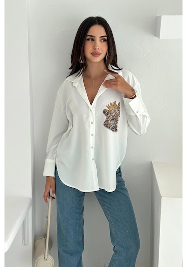 Asprin Fashion Kral Aslan Desen Baskılı Taşlı Gömlek Beyaz