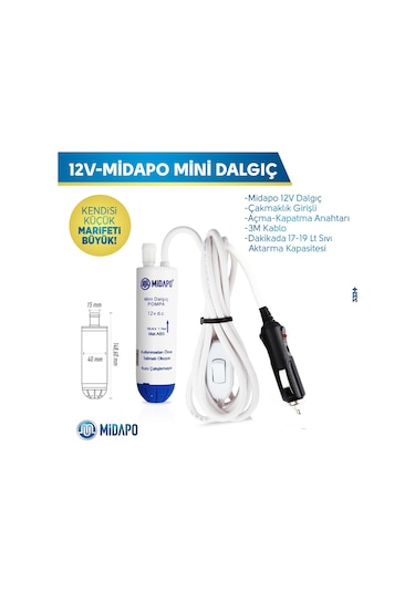 12 Volt Araba Çakmaklı Kucuk D.C Midapo Mini Dalgıc Pompa