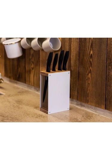 Doğal Ahşap Metal Bıçak Standı, Mutfak Bıçak Rafı, Bıçak Standı Bıçak Dahil Değildir Beyaz
