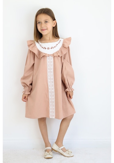 Miababy Nakış Detaylı Keten Elbise 1-8 Yaş Kahverengi