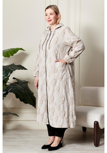 Kadın Büyük Beden Kapüşonlu Jakar Kap Siyah