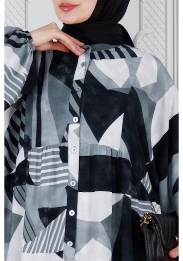 Yarasa Kol Cam Kırığı Viskon Elbise-gri-3805 - Gri