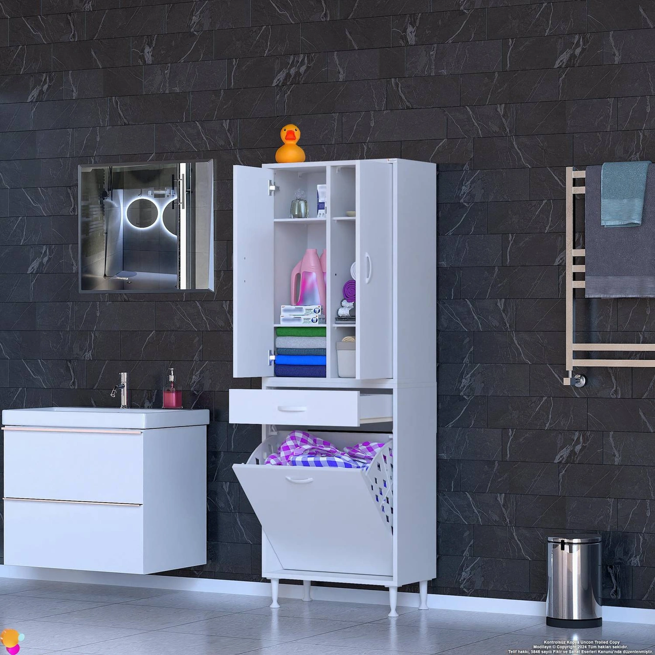 Yeni Kayra Tek Çekmece, 1 Göz Sepet, 2 Kapak, 6 Raf Dar Alan Banyo Dolabı 65x173x32,5 Cm Beyaz