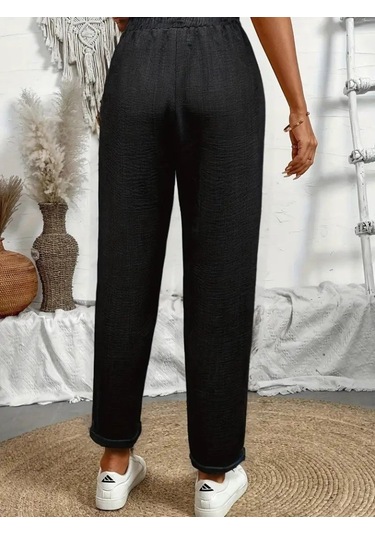 Simala Kadın Yüksek Bel Lastikli Belde Bağcık Detaylı Aerobin Pantolon Siyah