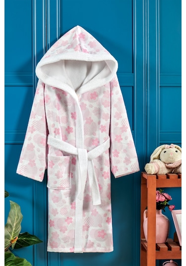 Pink Flower Dijital Baskılı Çocuk Bornozu Açık Pembe