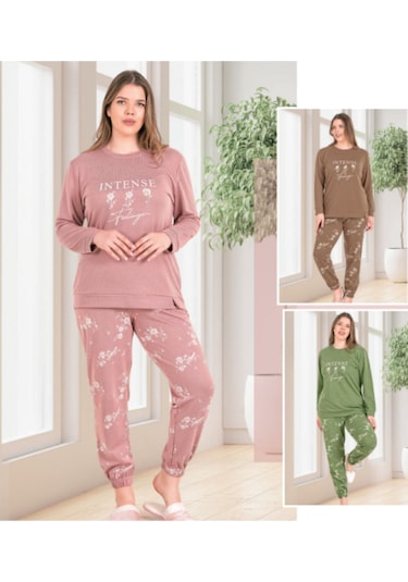 Dowry Büyük Beden Battal Kışlık Uzun Kol Pijama Takımı Pembe