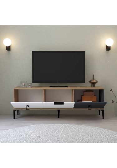 3501 Neva Tv Ünitesi 150 Cm Kapaklı Sepet - Beyaz - Antrasit Tv Sehpası Sepet-beyaz-antrasit