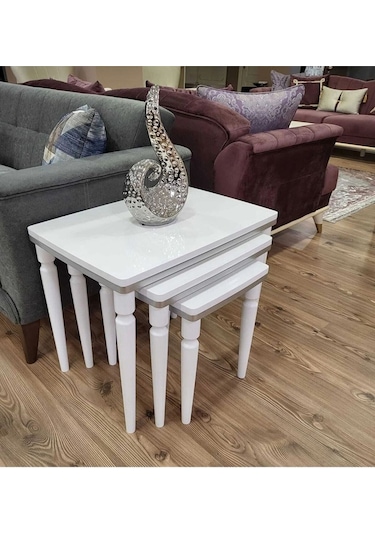 Akset 3lü Lüx Zigon Sehpa Beyaz Gümüş