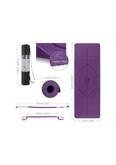 Ranyeek Tpe Materyalli Antipatlama Yoga Matı Seti - Konum Doğrulama Çizgili, 183x61cm, 6mm, Derin Mor - Taşıma Askısı Ve Ağı Çanta Dahil Çok Renkli
