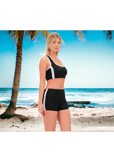 Shopiolog Şeritli Şortlu Yüzücü Bikini